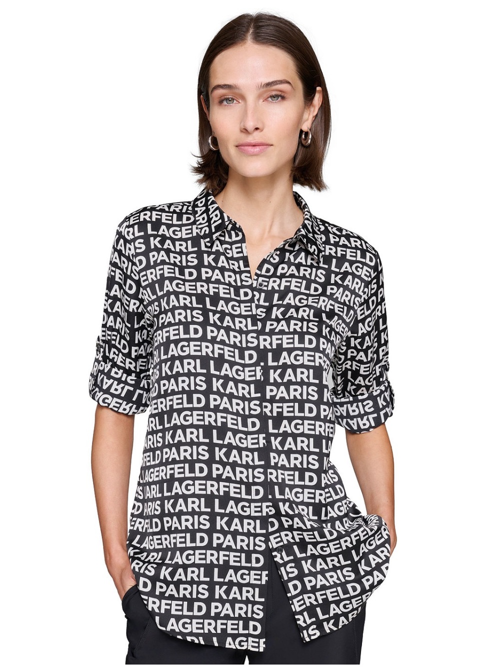 NWT Karl Lagerfeld XS Petite Logo Print Roll-Tab-Sleeves Button-Front Shirt $89!